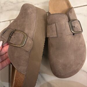 Birkenstock Taupe Suede Clogs